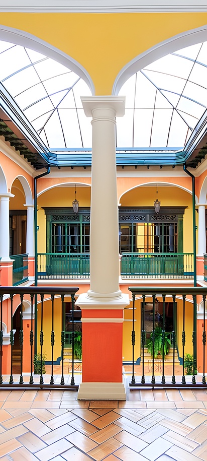 the central colonial patio of the Hotel de la Opera in Bogota, Colombia