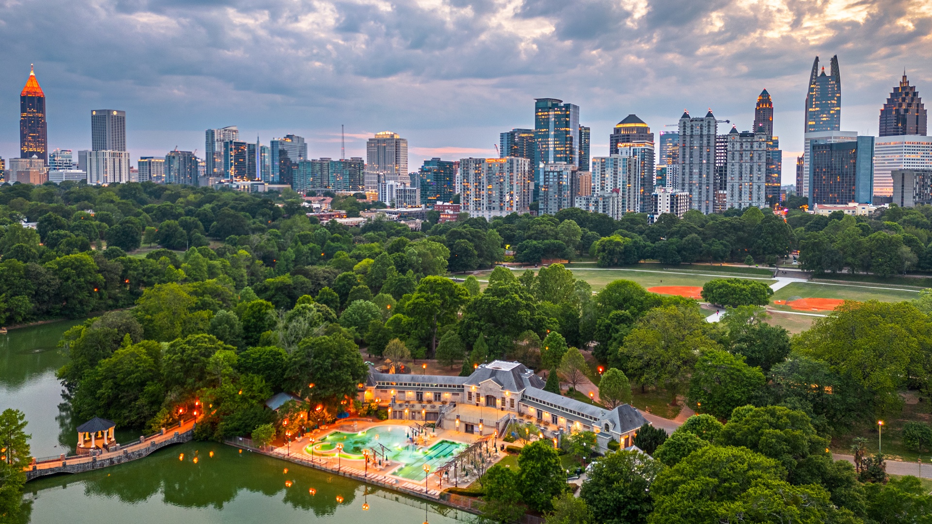 sunset view of the Atlanta skyline from Piedmont Park