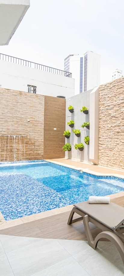 the pool and terrace area of the Hotel Barlovento in Cartagena de Indias, Colombia