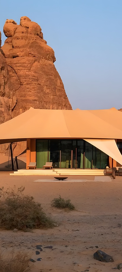 a luxury desert tented villa at the Banyan Tree AlUla resort in Saudi Arabia