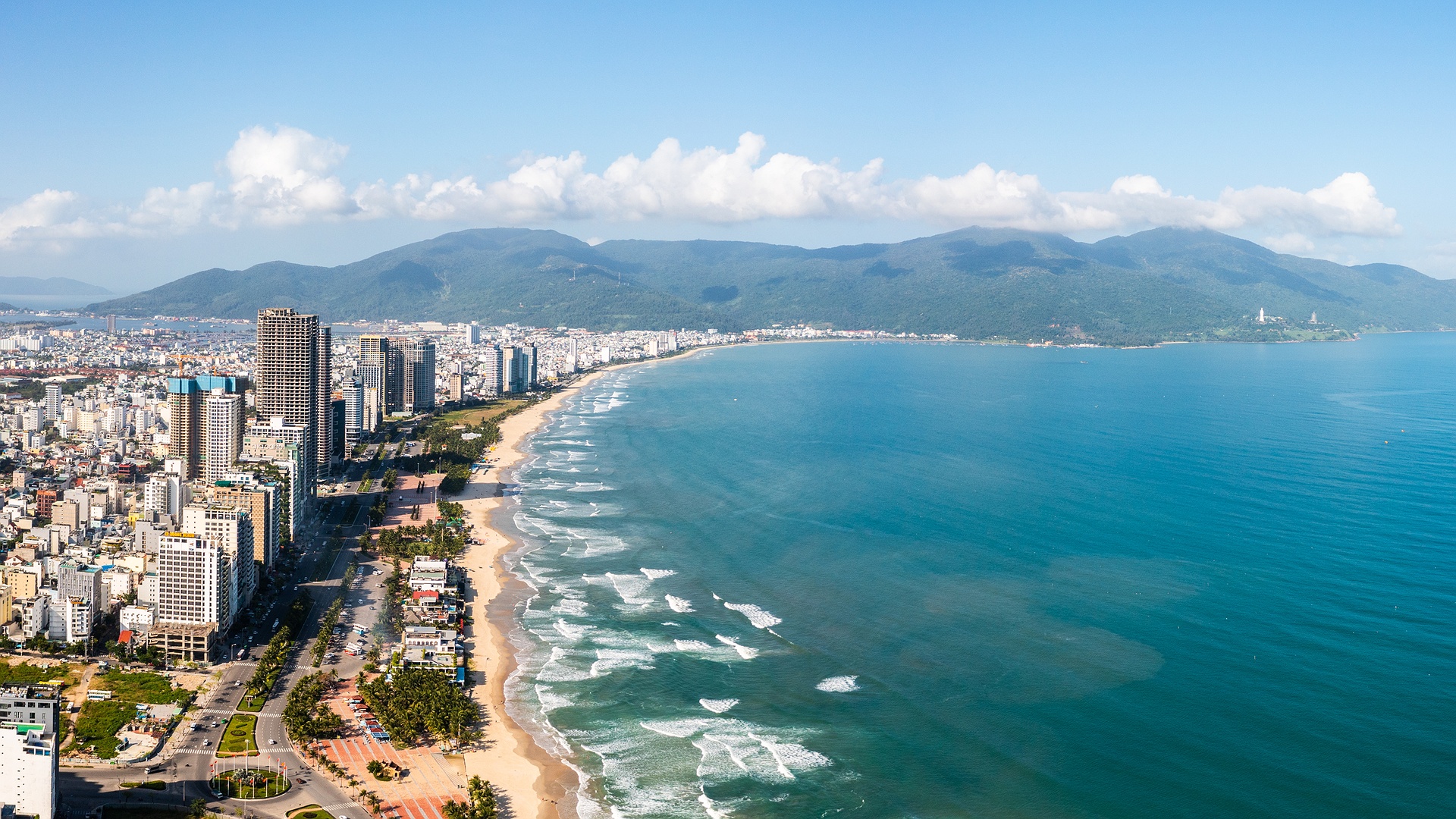 an aerial view of My Khe Beach in Da Nang, Vietnam
