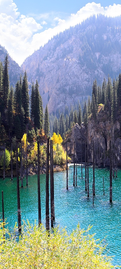 Lake Kaindy, famous for its unique "sunken forest" located in the Almaty region of Kazakhstan
