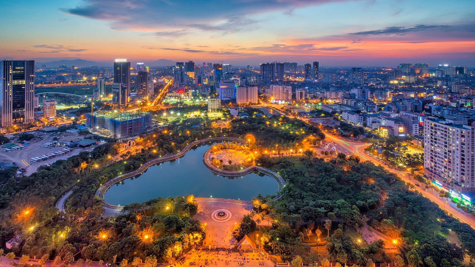 a sunset aerial view of Cau Giay Park located in Hanoi, Vietnam