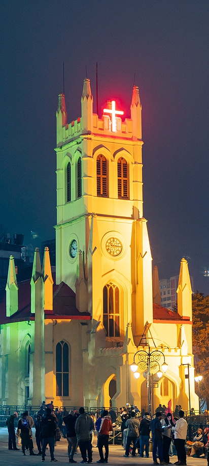 Christ Church lit up at night in Shimla