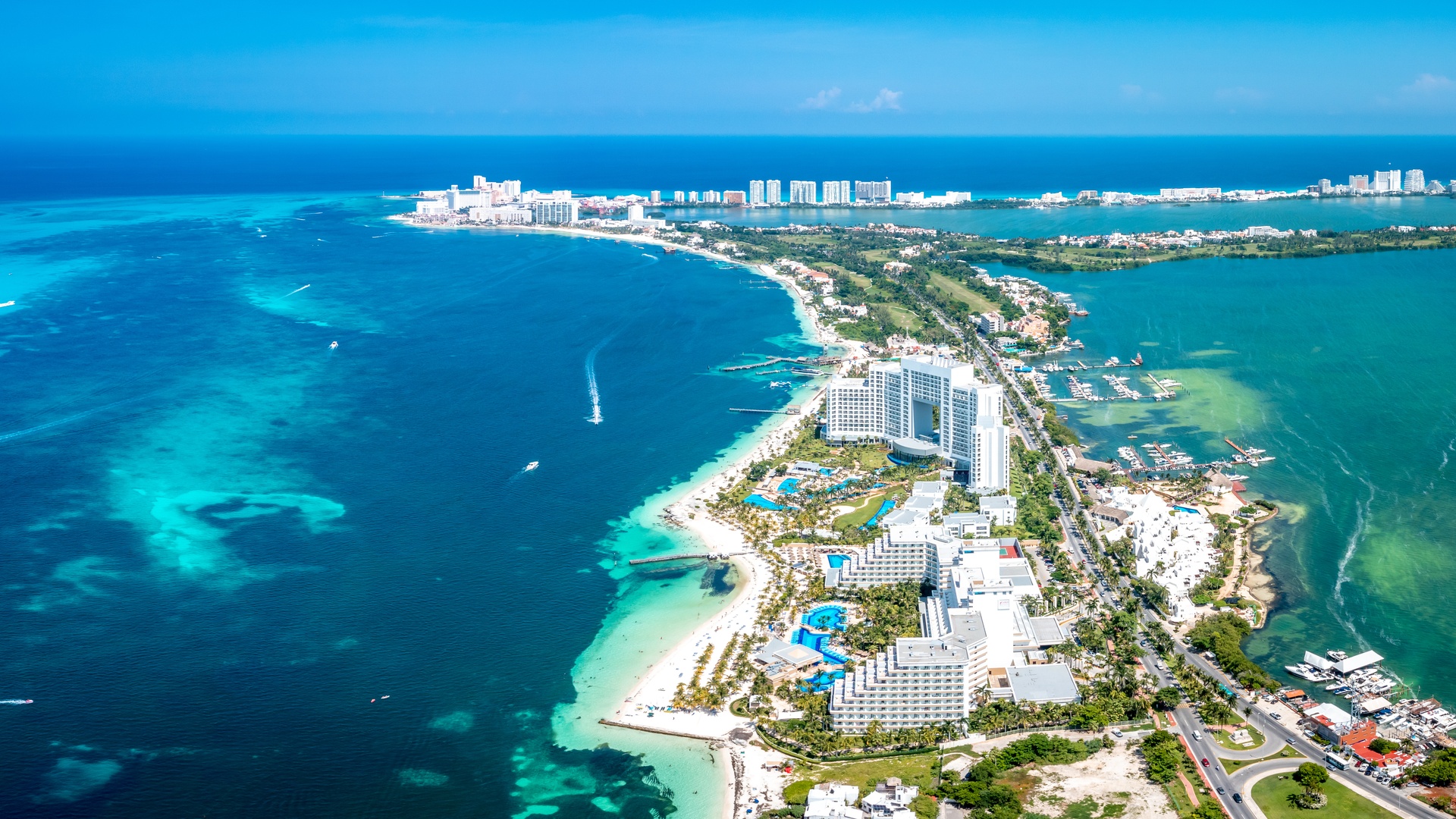an aerial view of the Cancun Hotel Zone in Mexico