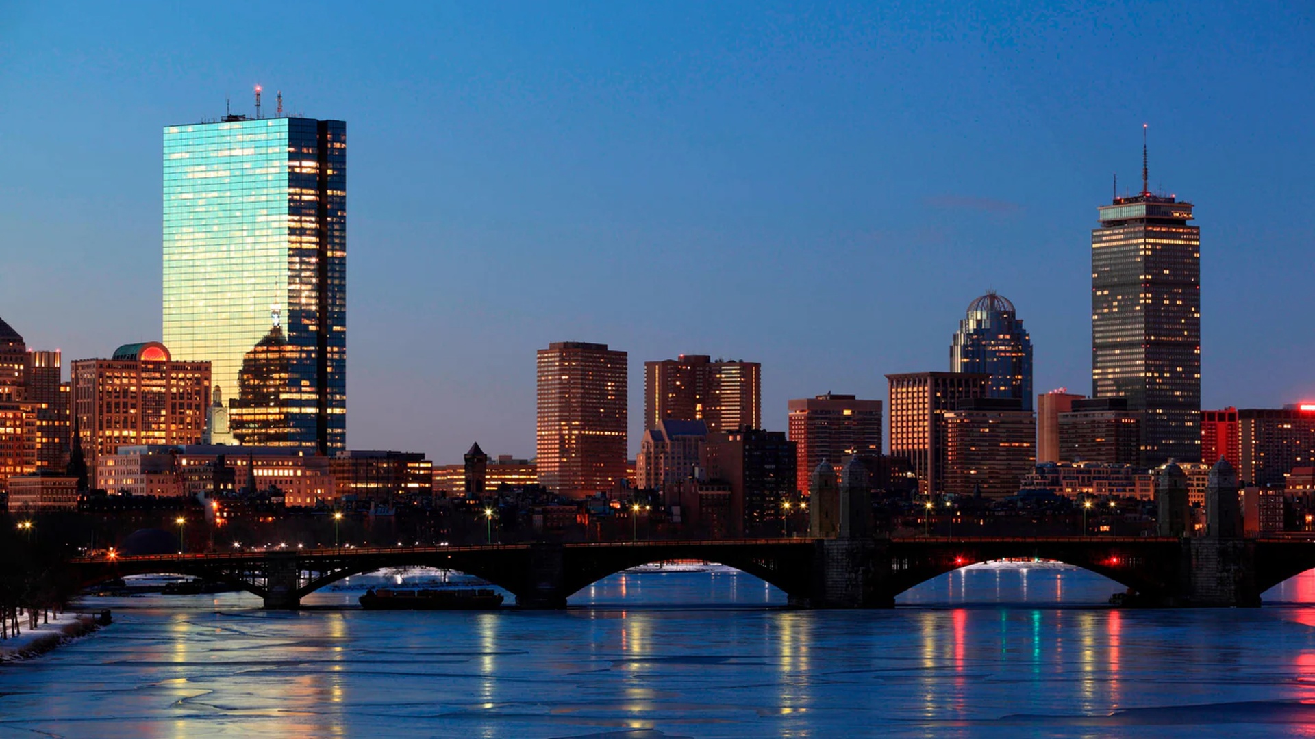 view of the Boston skyline at dusk