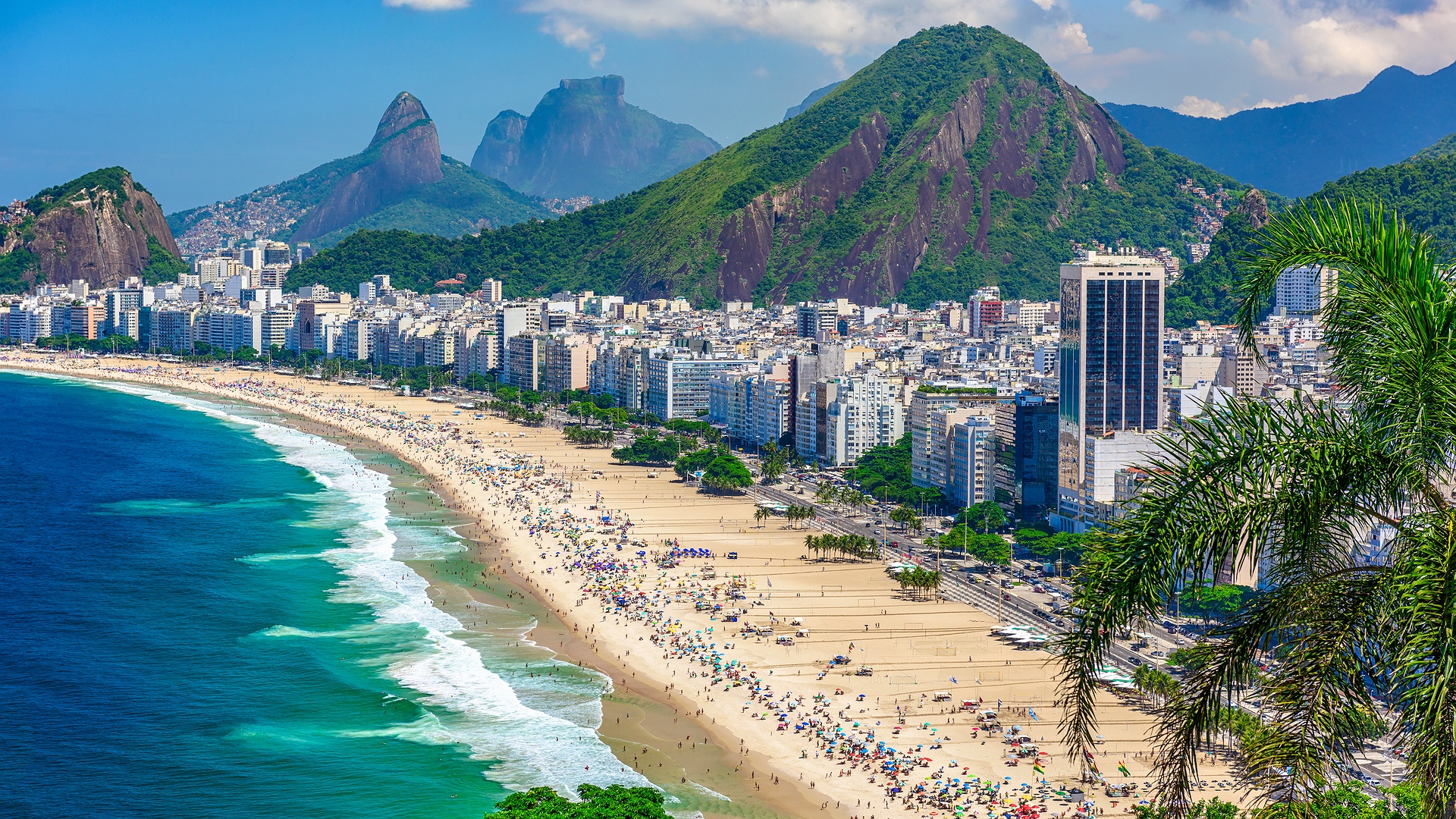 a panoramic view of Copacabana Beach in Rio de Janeiro, Brazil
