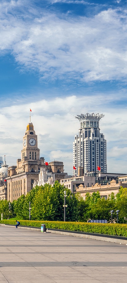 The Bund, a famous waterfront area and protected historical district in central Shanghai, China