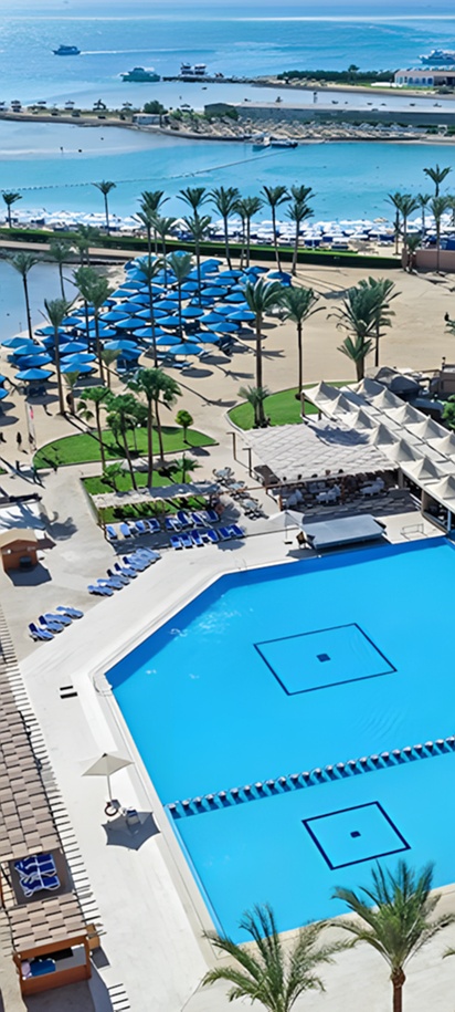 an aerial view of the Continental Hotel Hurghada, a 5-star resort located along the Red Sea coast in Egypt