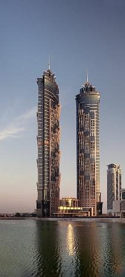 the twin-tower skyscraper structure of the JW Marriott Marquis Hotel Dubai