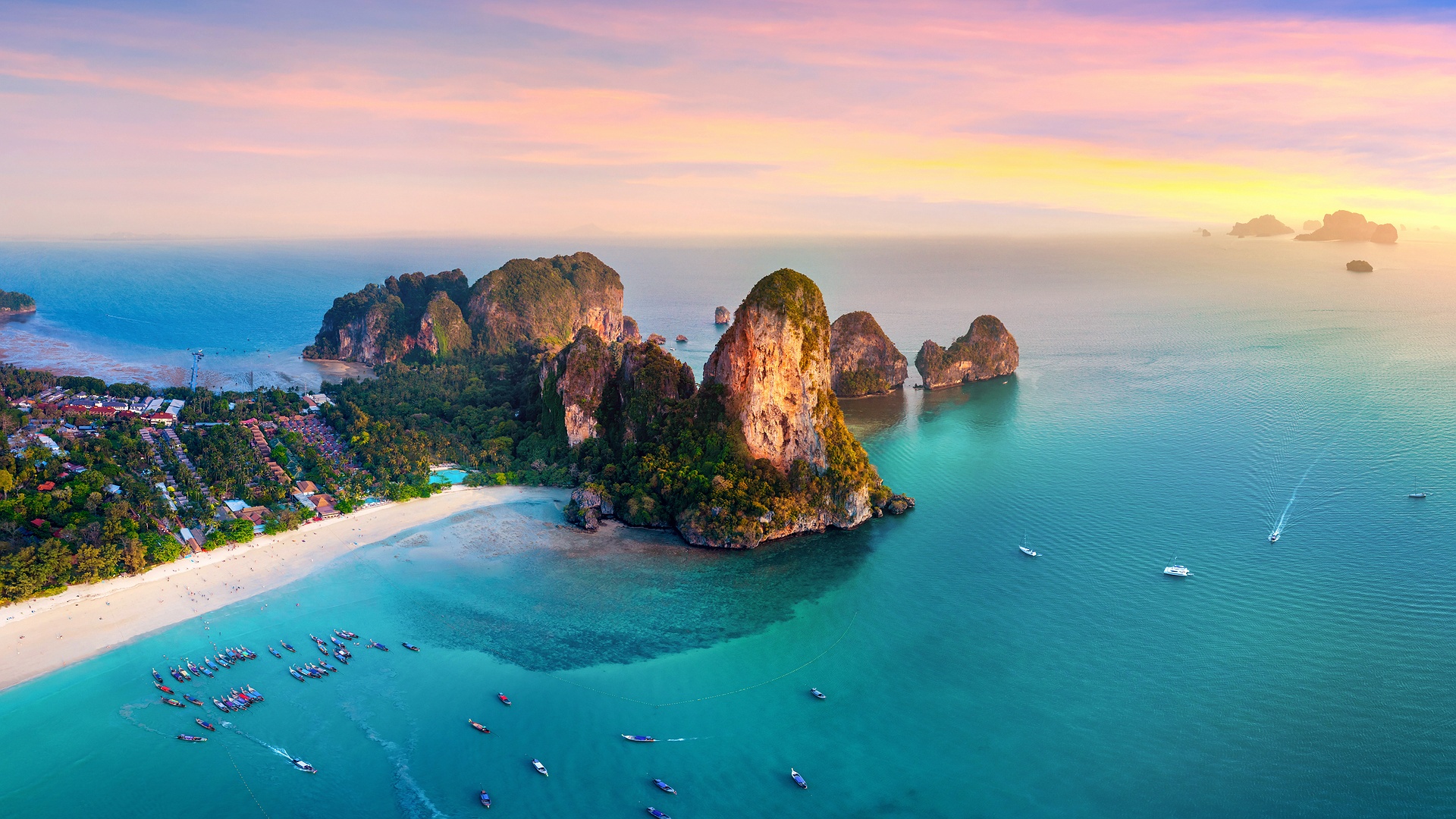 an aerial view of Railay Beach located in the Krabi Province of Thailand