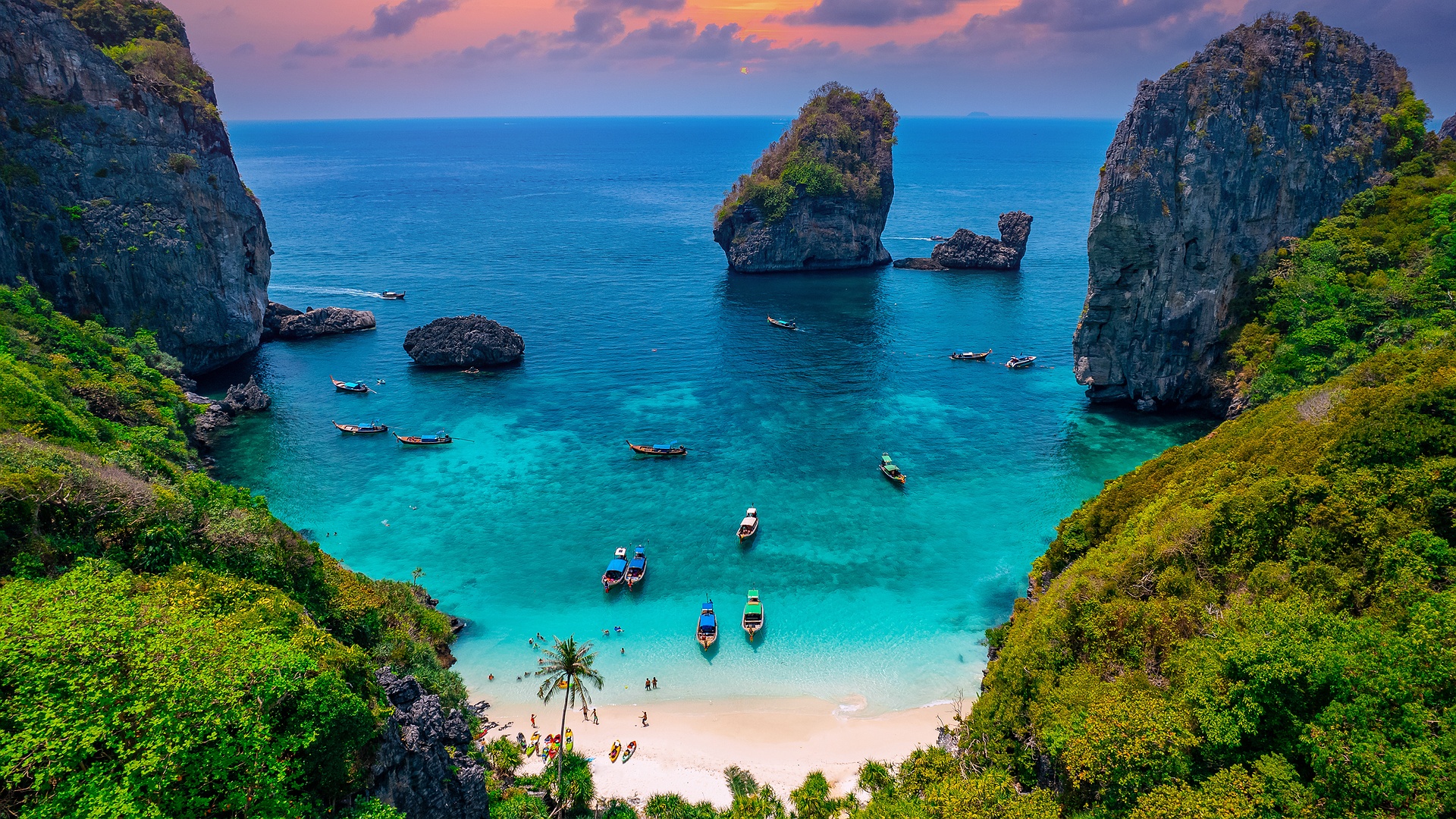 a scenic view of Nui Bay located on Koh Phi Phi Don island in Krabi, Thailand