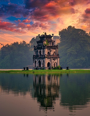 Turtle Tower in Vietnam at sunset