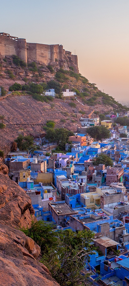 Blue houses of Jodhpur beneath Mehrangarh Fort