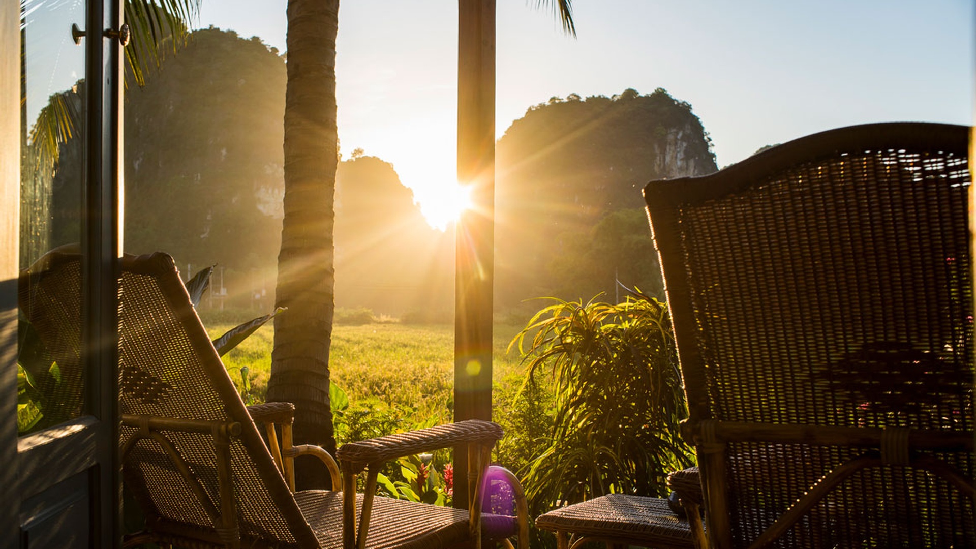 a sunrise view from the Tam Coc Garden resort in Ninh Binh province, Vietnam