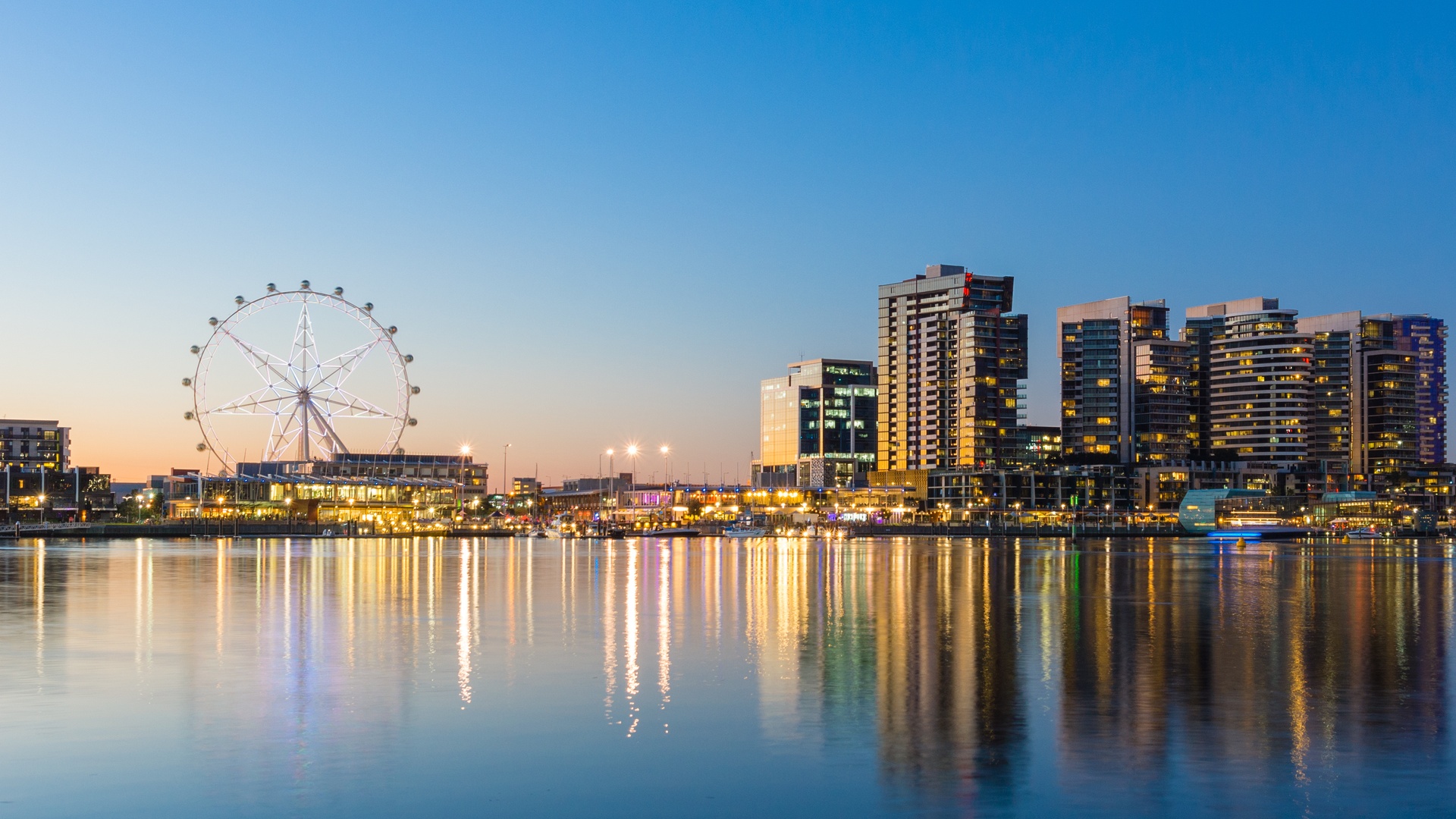 sunset view of the Melbourne Docklands precinct in Victoria, Australia