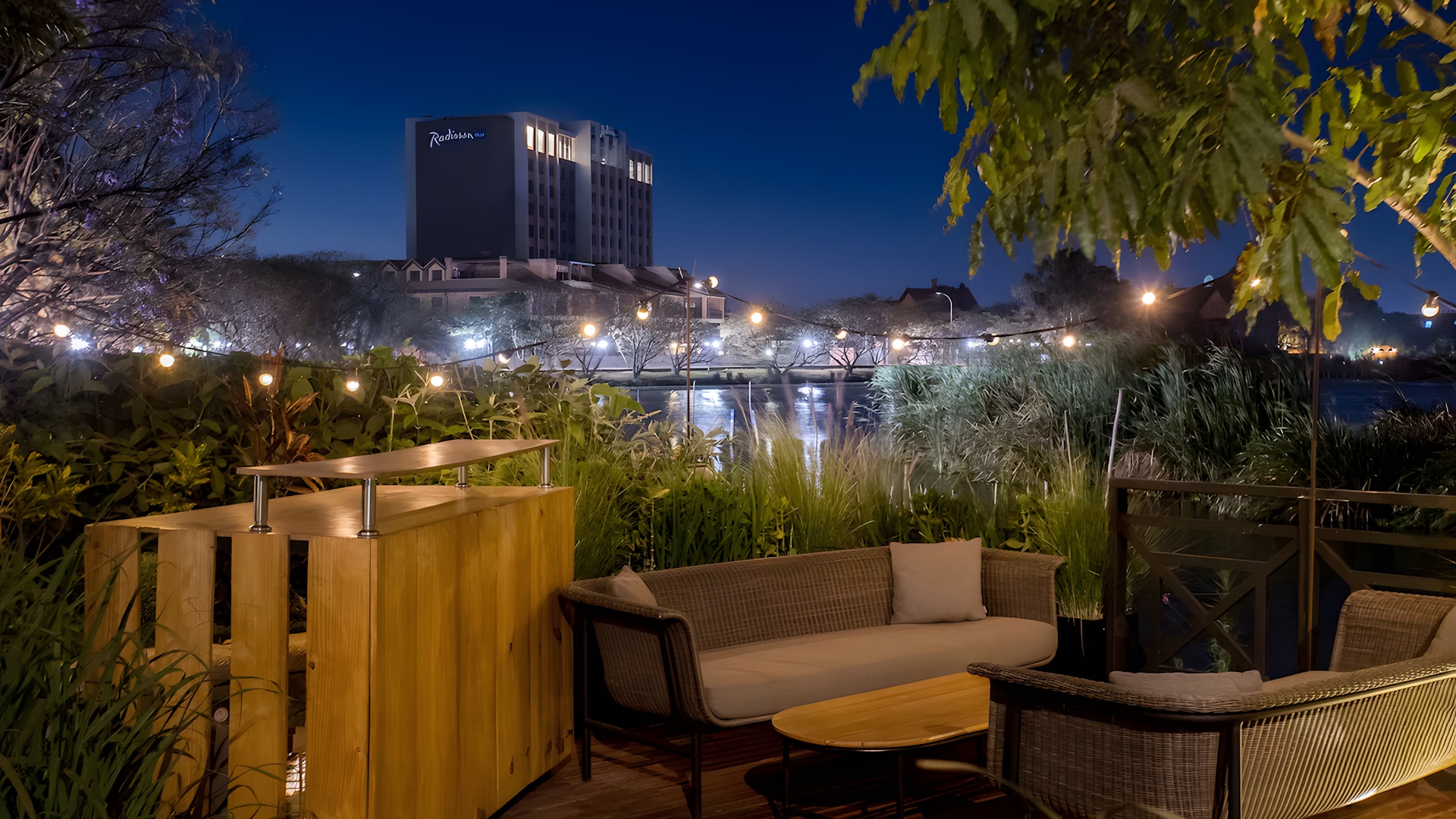 nighttime view of the Radisson Hotel Tamboho Waterfront Antananarivo