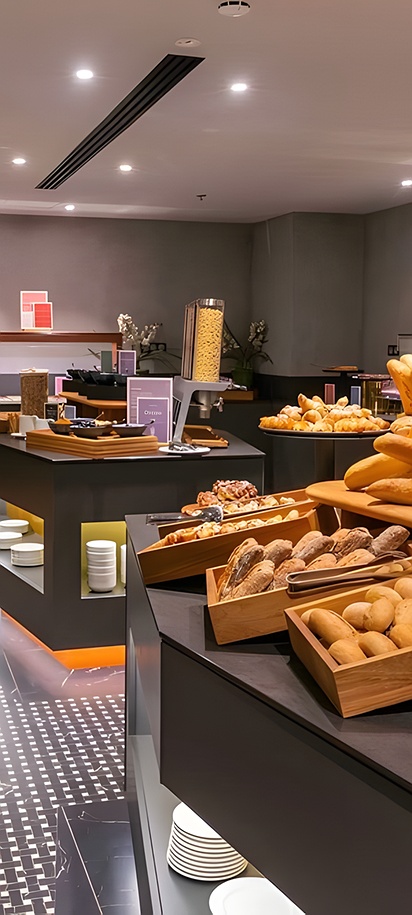 the breakfast buffet area at the Barceló Budapest hotel
