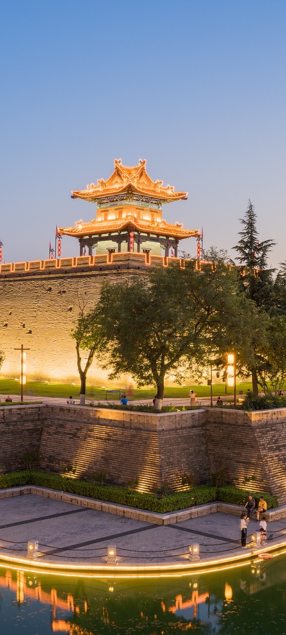the Fortifications of Xi'an, also known as the Xi'an City Wall, during the evening