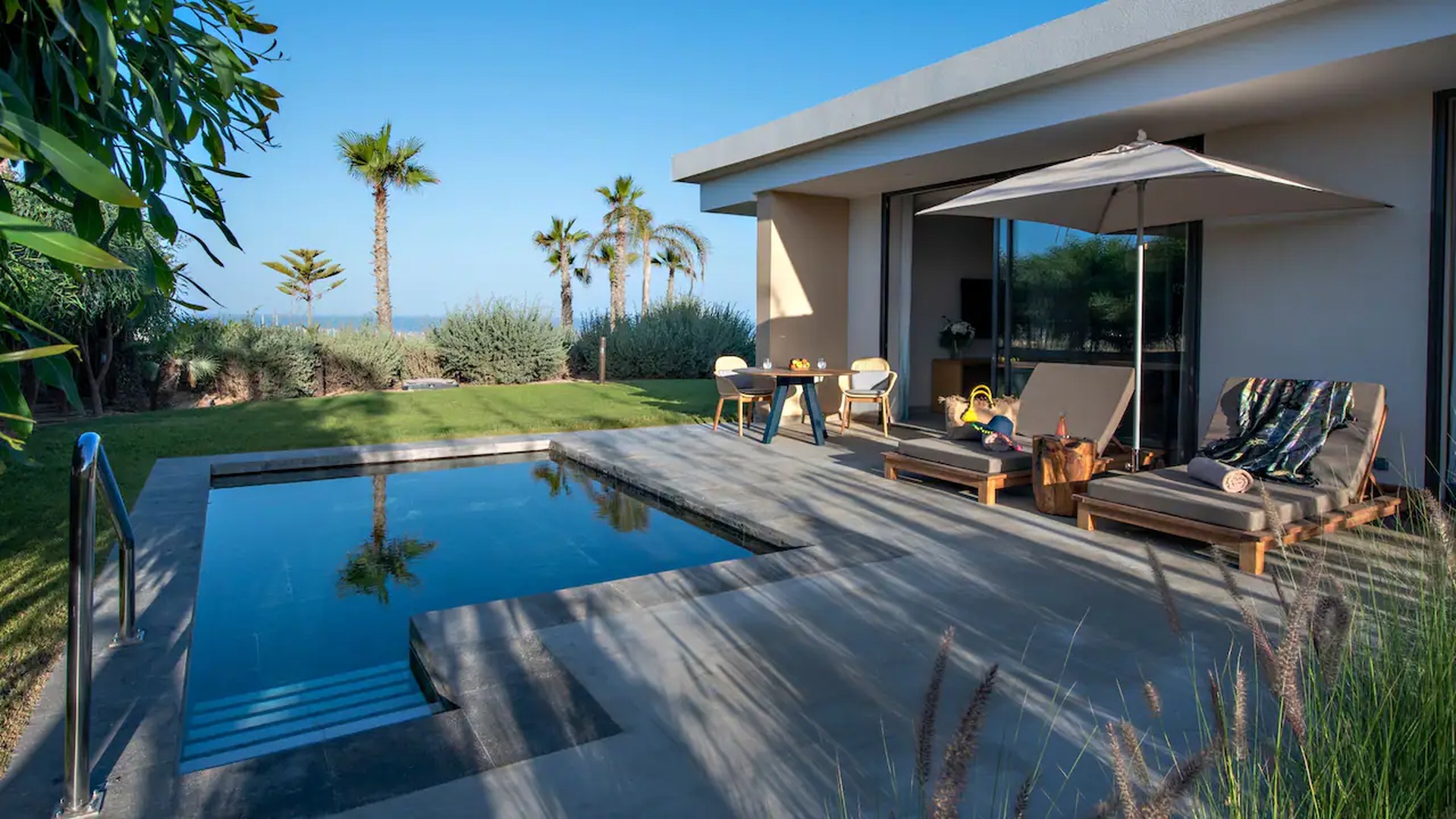 a private pool and terrace at the Hyatt Regency Taghazout hotel in Morocco