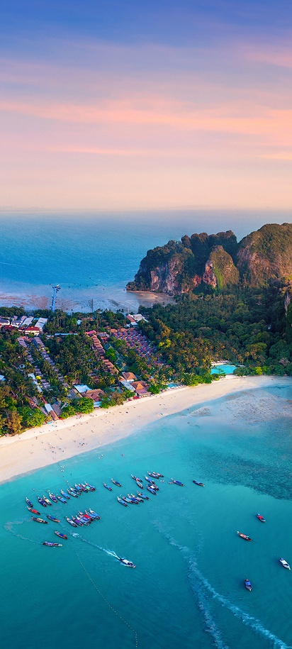 an aerial view of Railay Beach located in the Krabi Province of Thailand