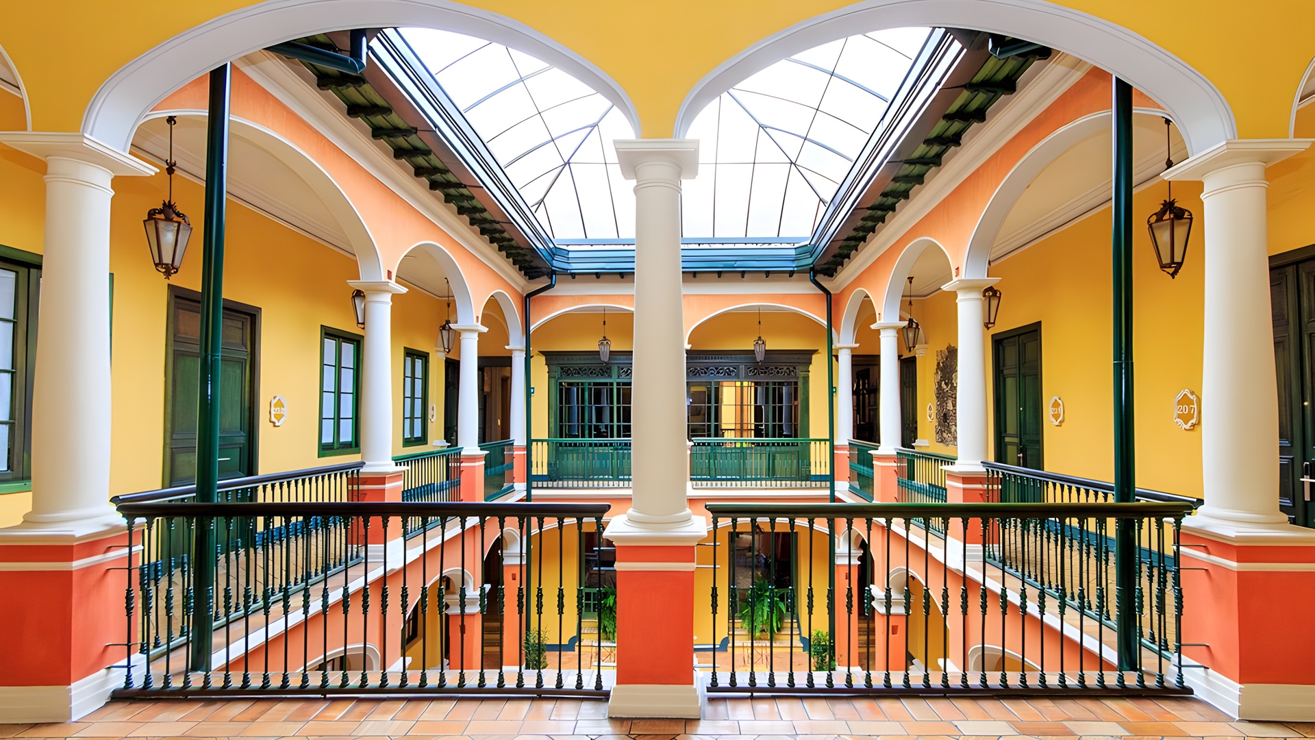 the central colonial patio of the Hotel de la Opera in Bogota, Colombia