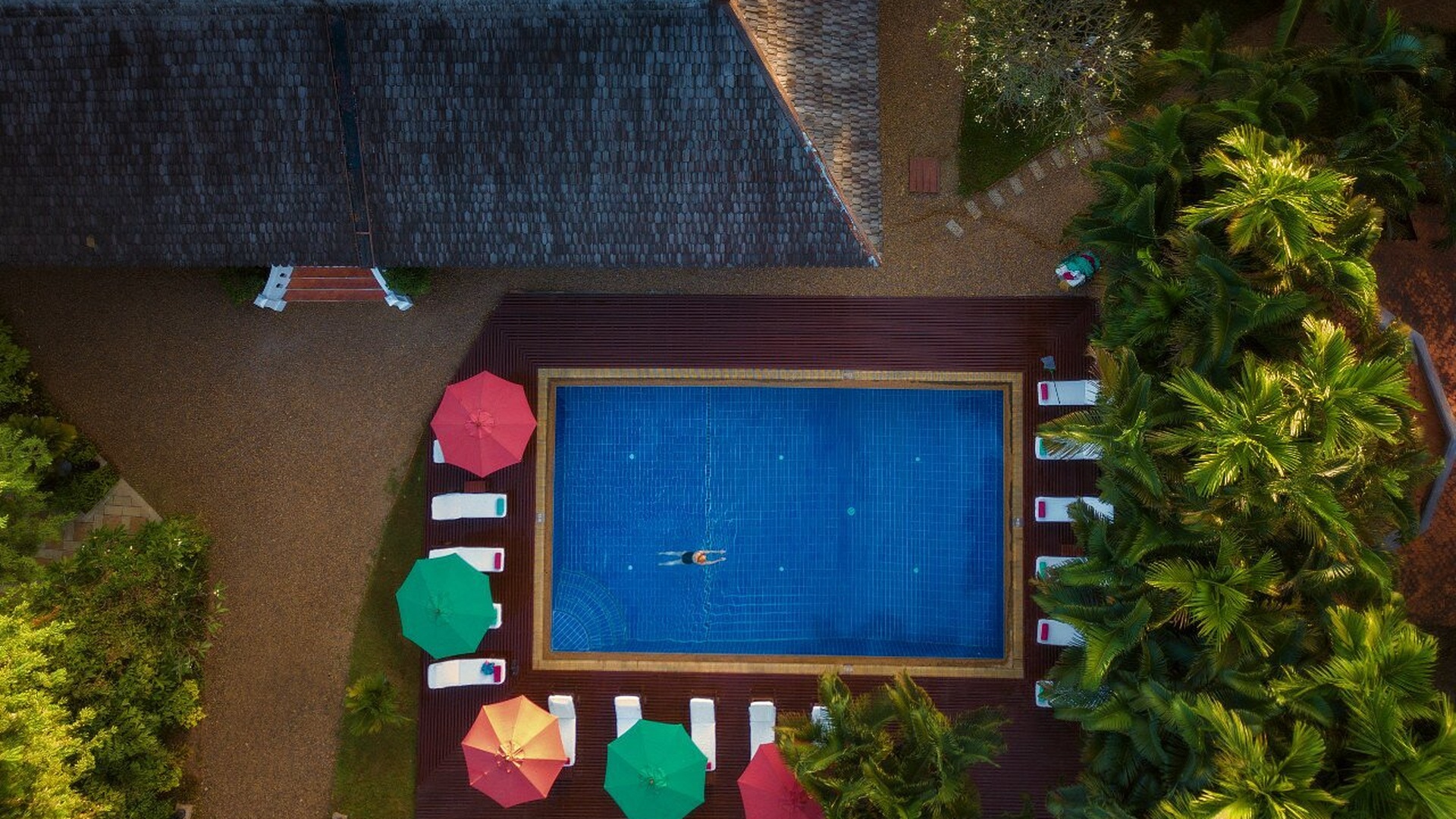 aerial view of the swimming pool area at La Folie Lodge, Laos