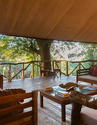 view from the open-sided main mess tent at Mandrare River Camp in southern Madagascar