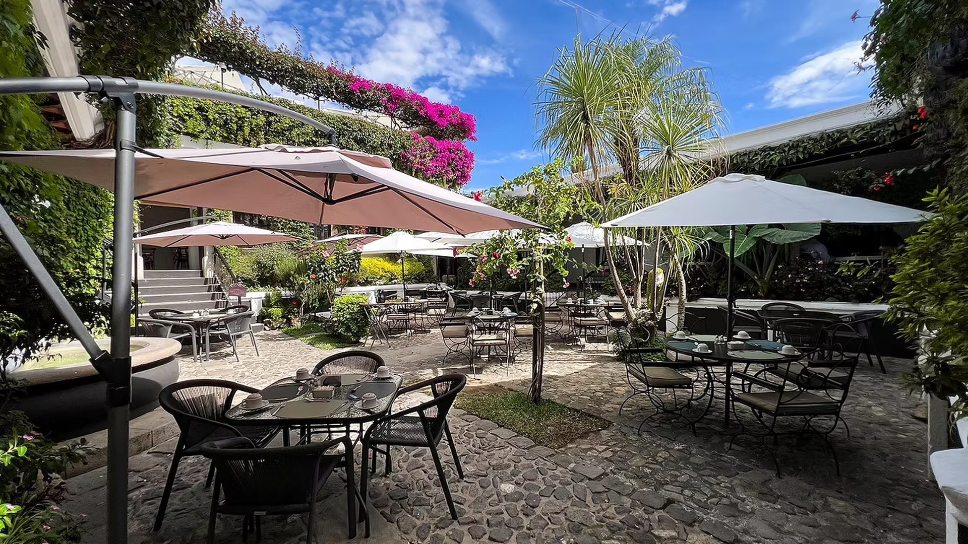 a tranquil outdoor courtyard, possibly belonging to a hotel or restaurant