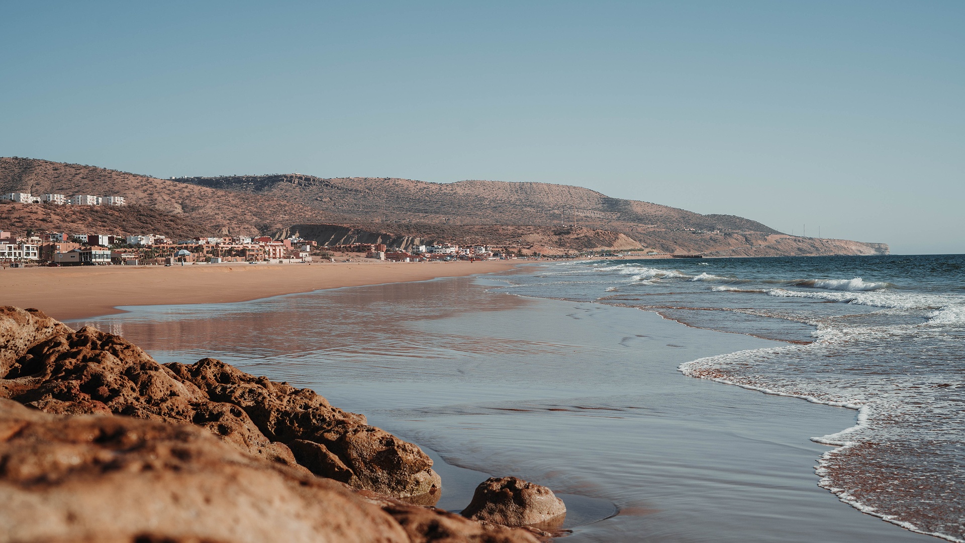 Plage Imi Ouaddar, a popular coastal spot located north of Taghazout and Agadir in Morocco