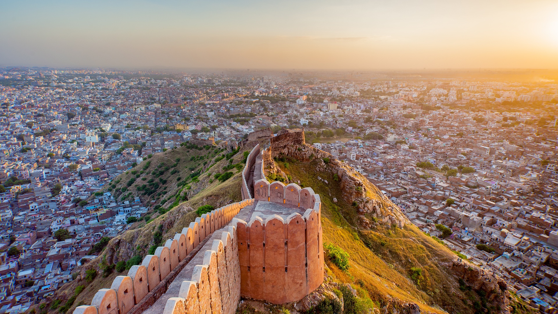 the panoramic view of the city of Jaipur, India, from the ramparts of the Nahargarh Fort