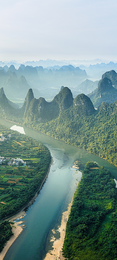 aerial view of the Li River winding through karst mountains in Guilin, China