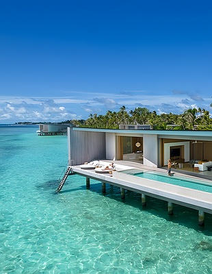 an aerial view of The Ritz-Carlton Maldives, Fari Islands, located in the North Malé Atoll