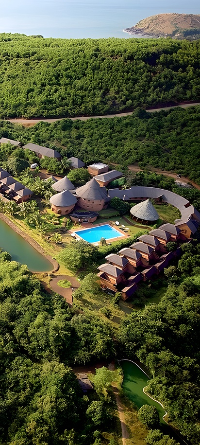 an aerial view of the SwaSwara wellness retreat located in Gokarna, India