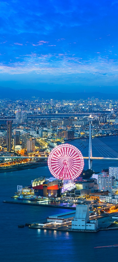 the Osaka skyline, featuring the Tempozan Ferris Wheel illuminated beside Osaka Bay