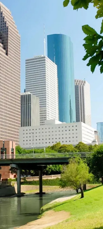 view of the downtown Houston skyline from Buffalo Bayou Park