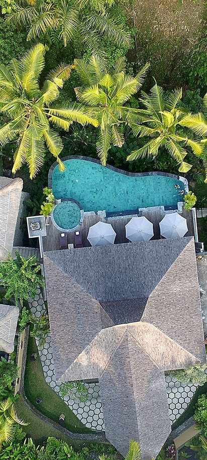 an aerial view of the Wapa di Ume Ubud resort in Bali, Indonesia