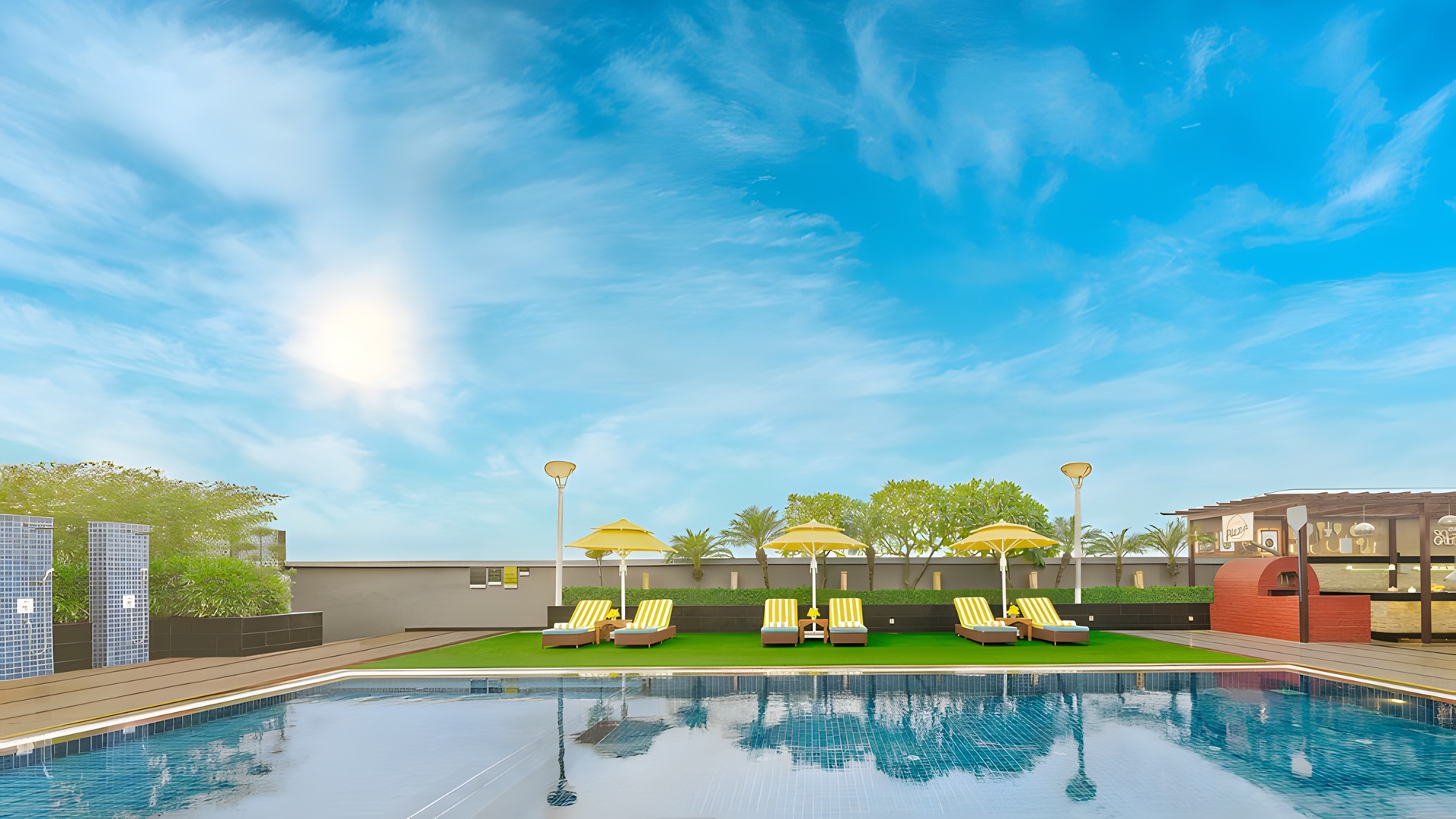 the rooftop swimming pool area of the La Marvella hotel in Bengaluru, India
